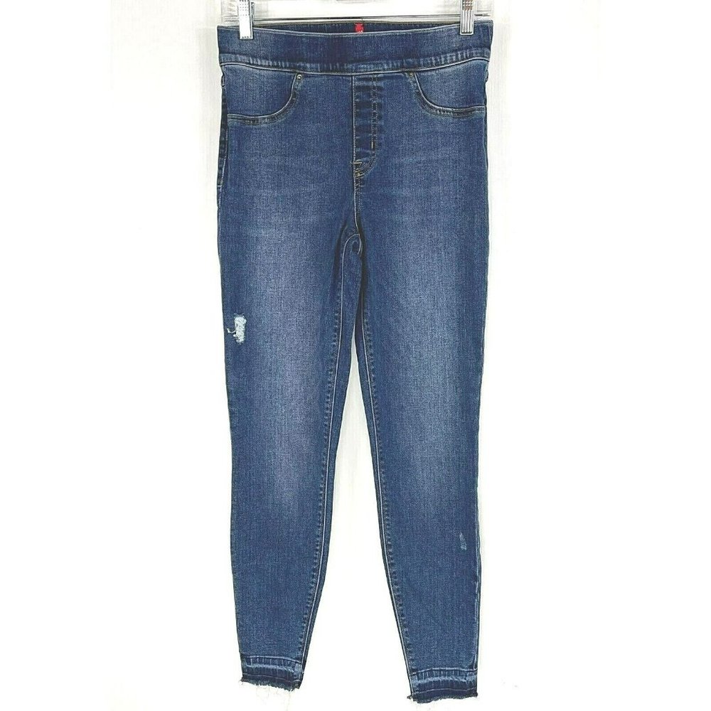 SPANX Size Medium Mid Rise Distressed Raw Hem Pull On Skinny Ankle Jeans Blue